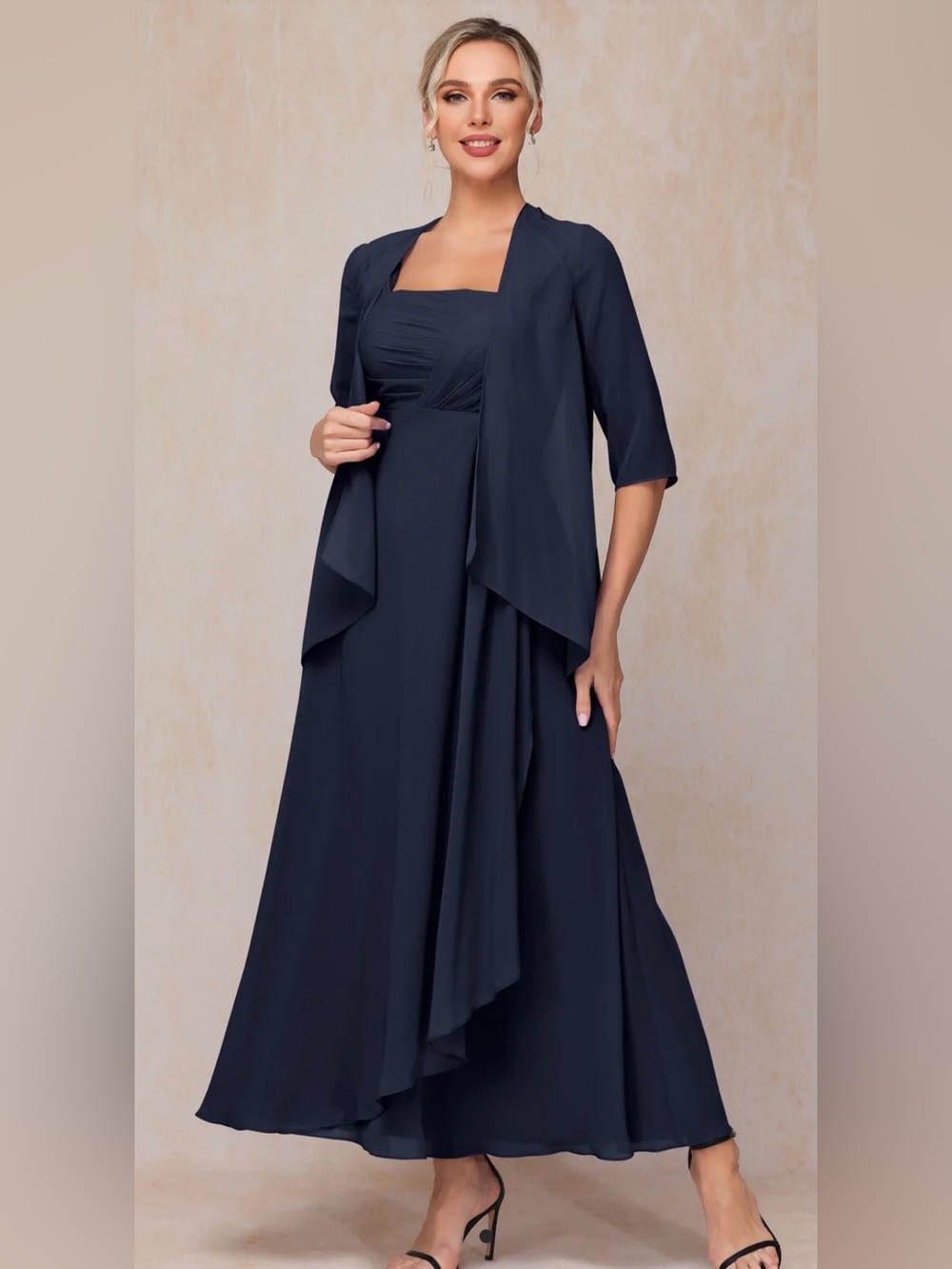 Elegant Navy Blue Chiffon Evening Dress with Jacket